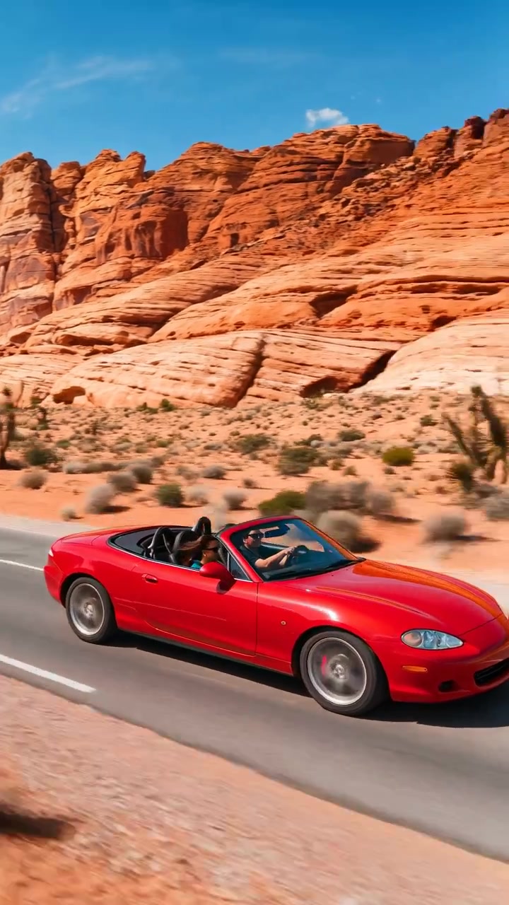 Auto sportiva decappottabile rossa si muove lungo un'autostrada diritta a due corsie nel deserto attraverso un ampio canyon di arenaria rossa, con sfocatura delle ruote, luce solare e sfondo striato che enfatizza il movimento in avanti.