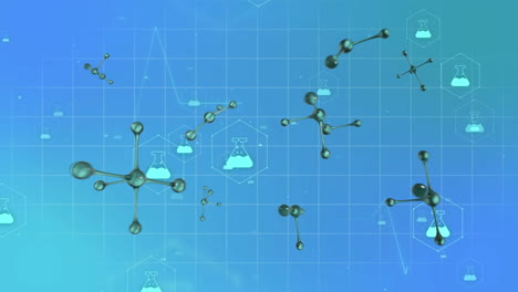 animación de micro 3d de moléculas y iconos de química en fondo azul