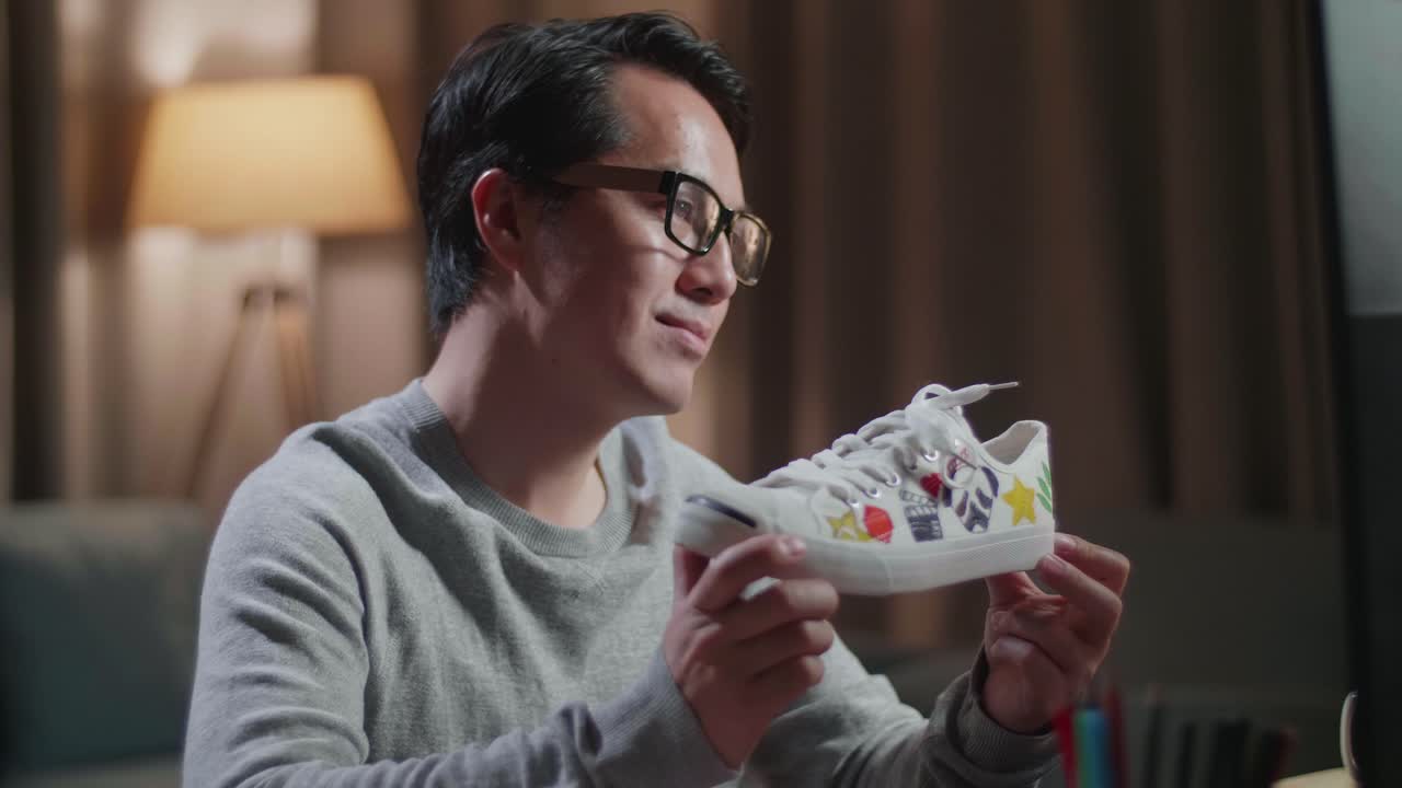 close up de diseñador de calzado masculino asiático sosteniendo y mirando las zapatillas de deporte de patrón colorido
