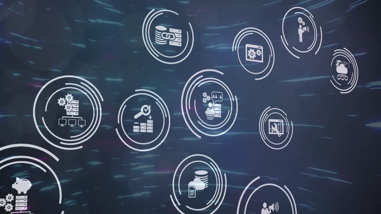 Multiple digital icons against moving light trials on blue background
