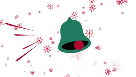 Animation-of-green-bell-and-red-snowflakes-on-white-background