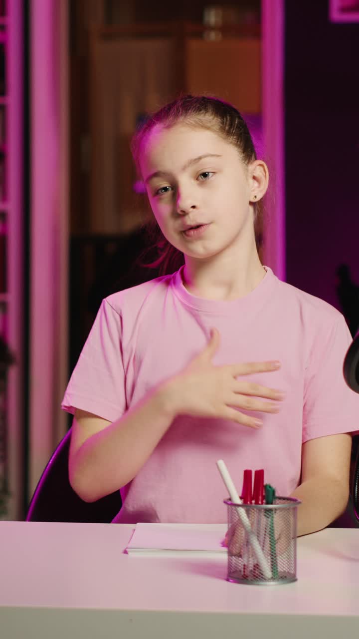 Video verticale: allegra ragazzina della Gen Z gira un video per piattaforme online in un soggiorno illuminato di rosa, mentre racconta la sua giornata