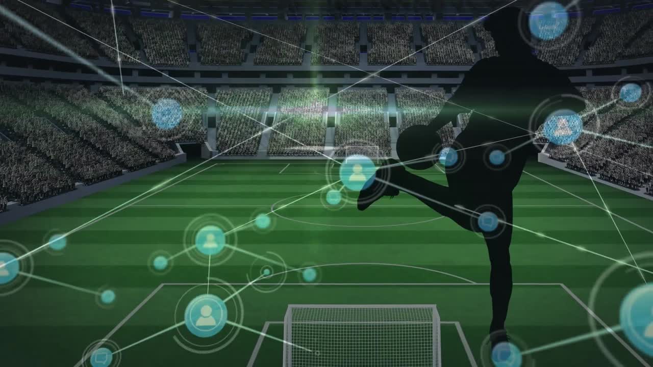 경기장에서 남자 축구 선수의 실루 ⁇ 을 가로지르는 연결의 애니메이션