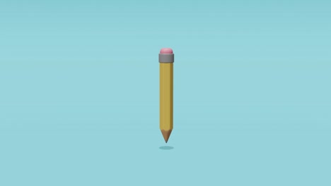 un lápiz simple con un borrador gira alrededor de su eje en el aire. lápiz amarillo con sombra en un fondo azul. papelería. oficina, suministros escolares. video en 3d de alta calidad. animación en bucle.