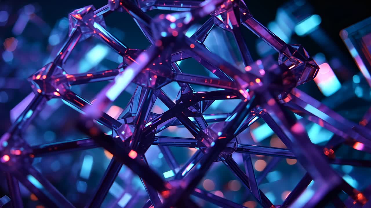 Pulling back shot revealing rotating metallic lattice in studio with purple lights exposing details