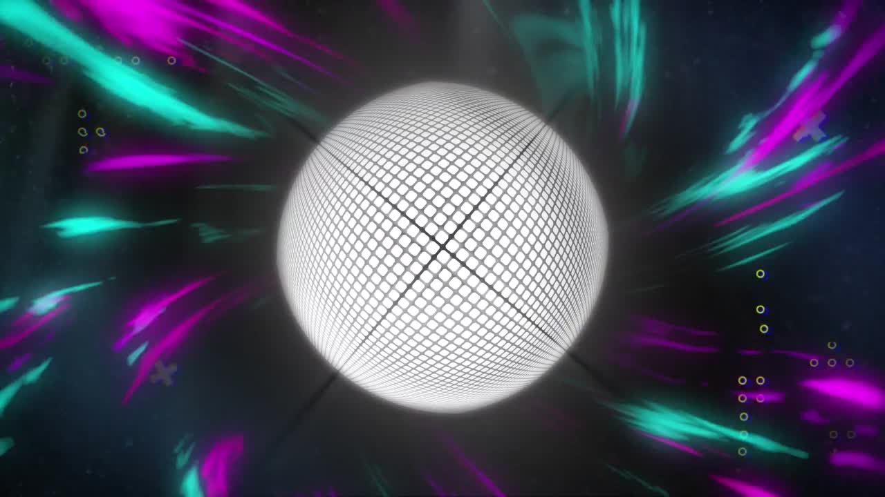 Animation av golfball og markører og flerfargede lysspor i sømløs loop