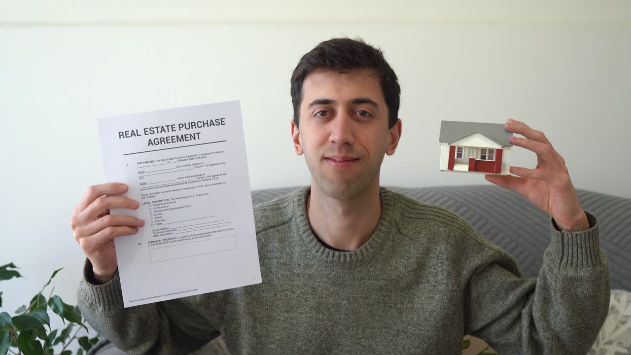 Concept of buying a house. Caucasian man holding real estate purchase agreement in one hand and a model home in the other hand
