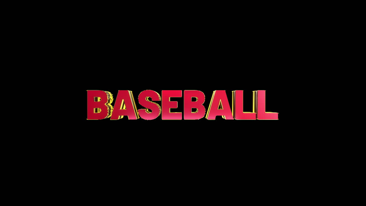 Un'animazione fluida e di alta qualità di testo sportivo 3D rosso e oro che rivela "baseball".