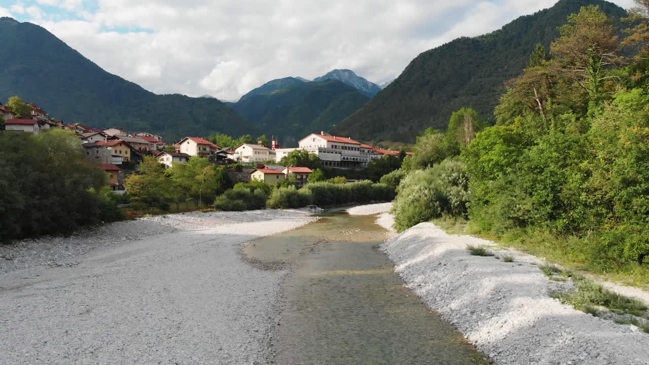 Aerial footage of a flight over the riverbed of soca in Triglav mountains Slowenia near Tolmin