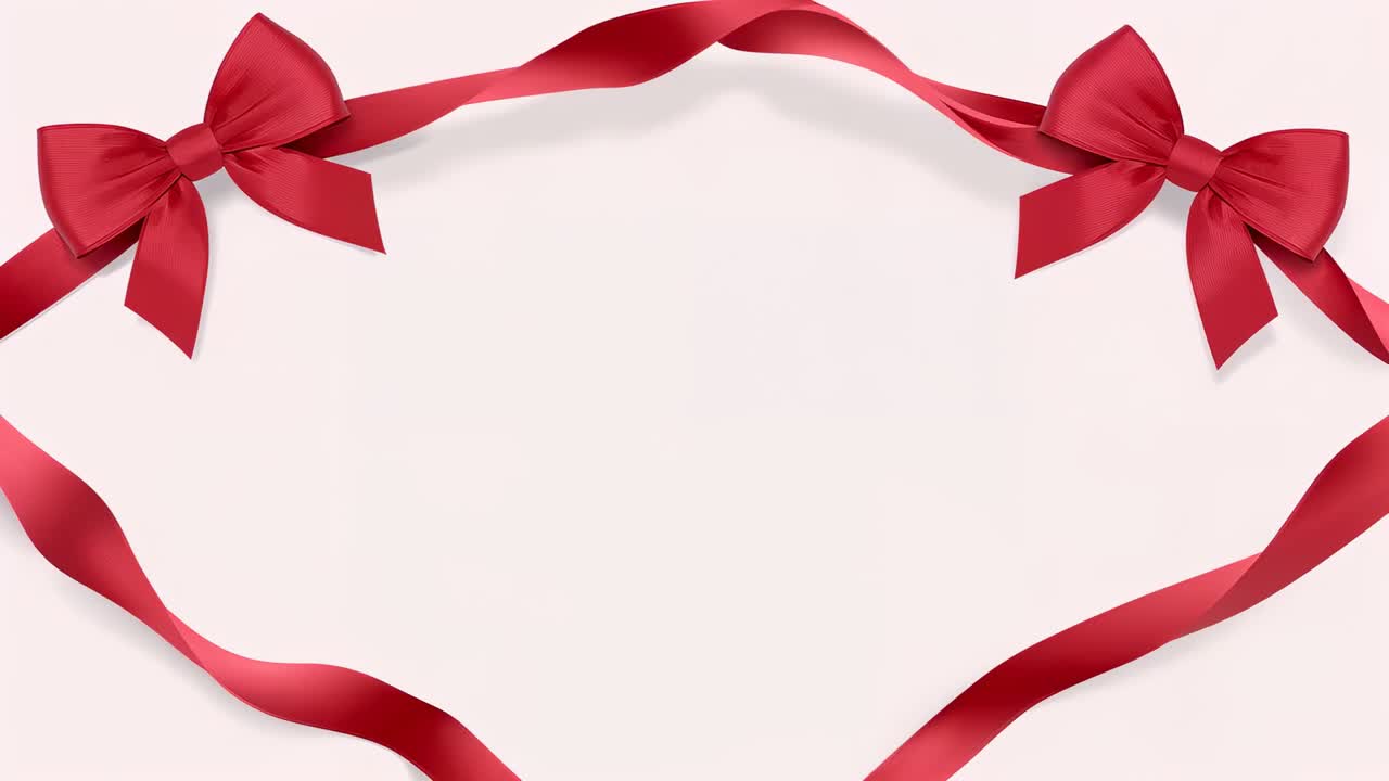 Looping ribbon frame swaying on pale pink backdrop, with empty center and two red satin bows