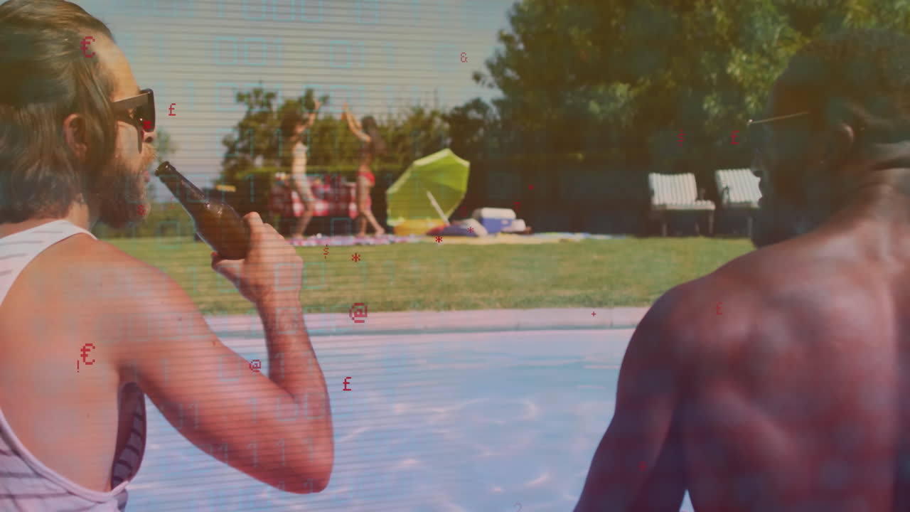 Relaxing by pool, people sipping drinks and watching animation under sunny sky