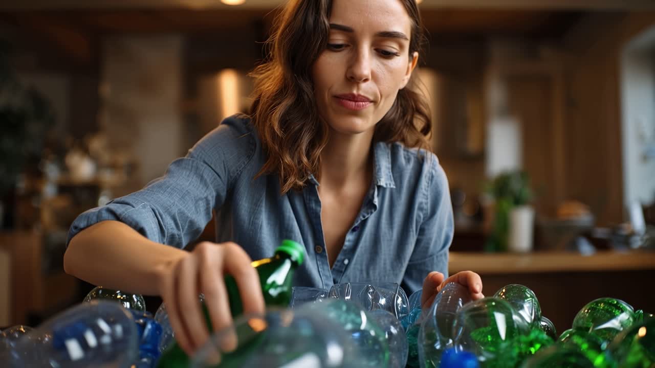 Donna attenta all'ambiente che organizza bottiglie di plastica per il riciclo per promuovere la sostenibilità e ridurre gli sprechi in un ambiente interno luminoso