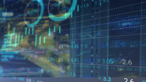 animación de datos financieros y gráficos sobre el paisaje urbano