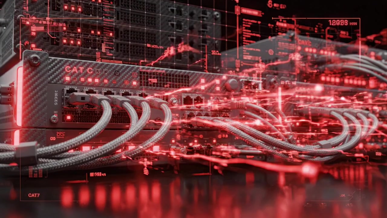 Advanced Data Processing Systems Featuring High-Performance Servers with Intricate Cabling and Illuminated Interfaces, Demonstrating Cutting-Edge Network Technology
