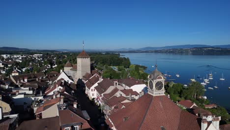 murten lake switzerland medieval old town aerial drone fribourg region morat