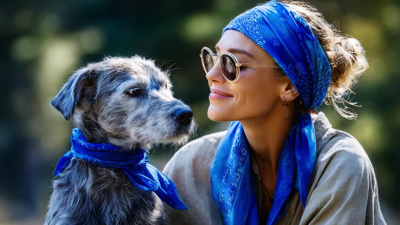 A joyful and heartwarming moment between a woman and her dog, both adorned in matching blue accessories, showcasing their bond and love for each other in a vibrant outdoor setting