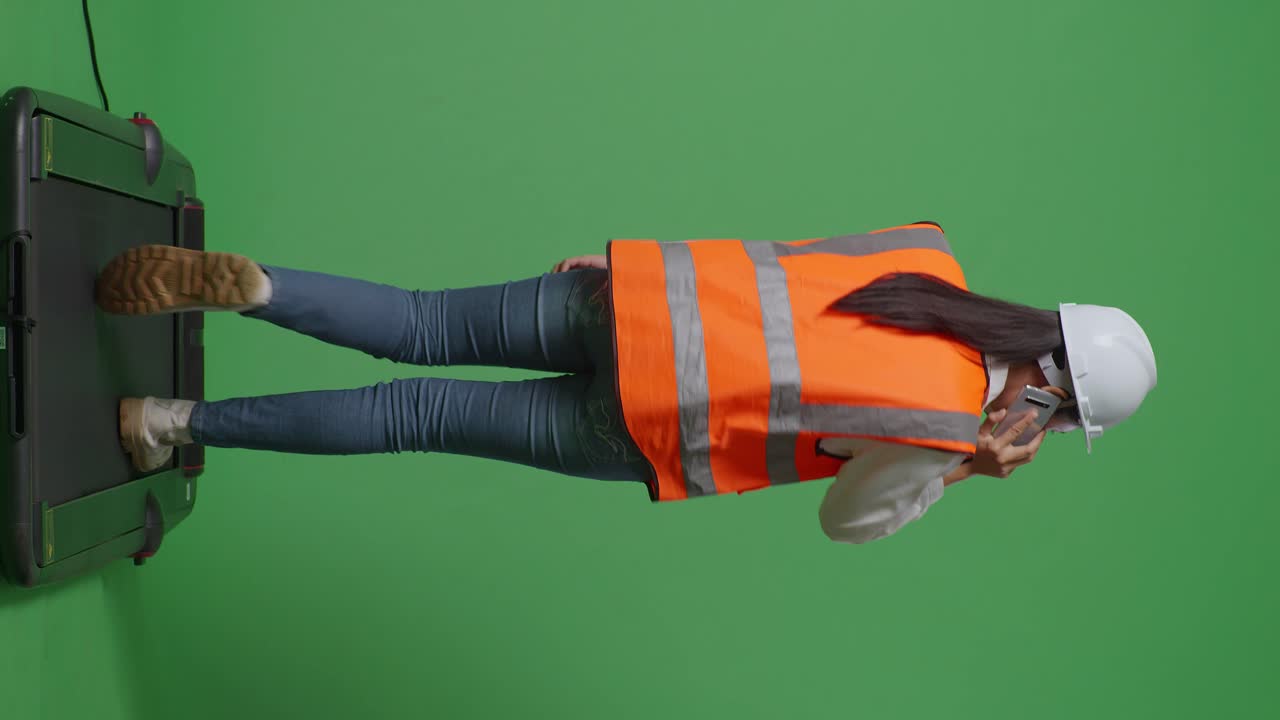 안전 헬을 입은 아시아 여성 엔지니어가 녹색 스크린을 배경으로 는 동안 스마트폰으로 대화하는 모습