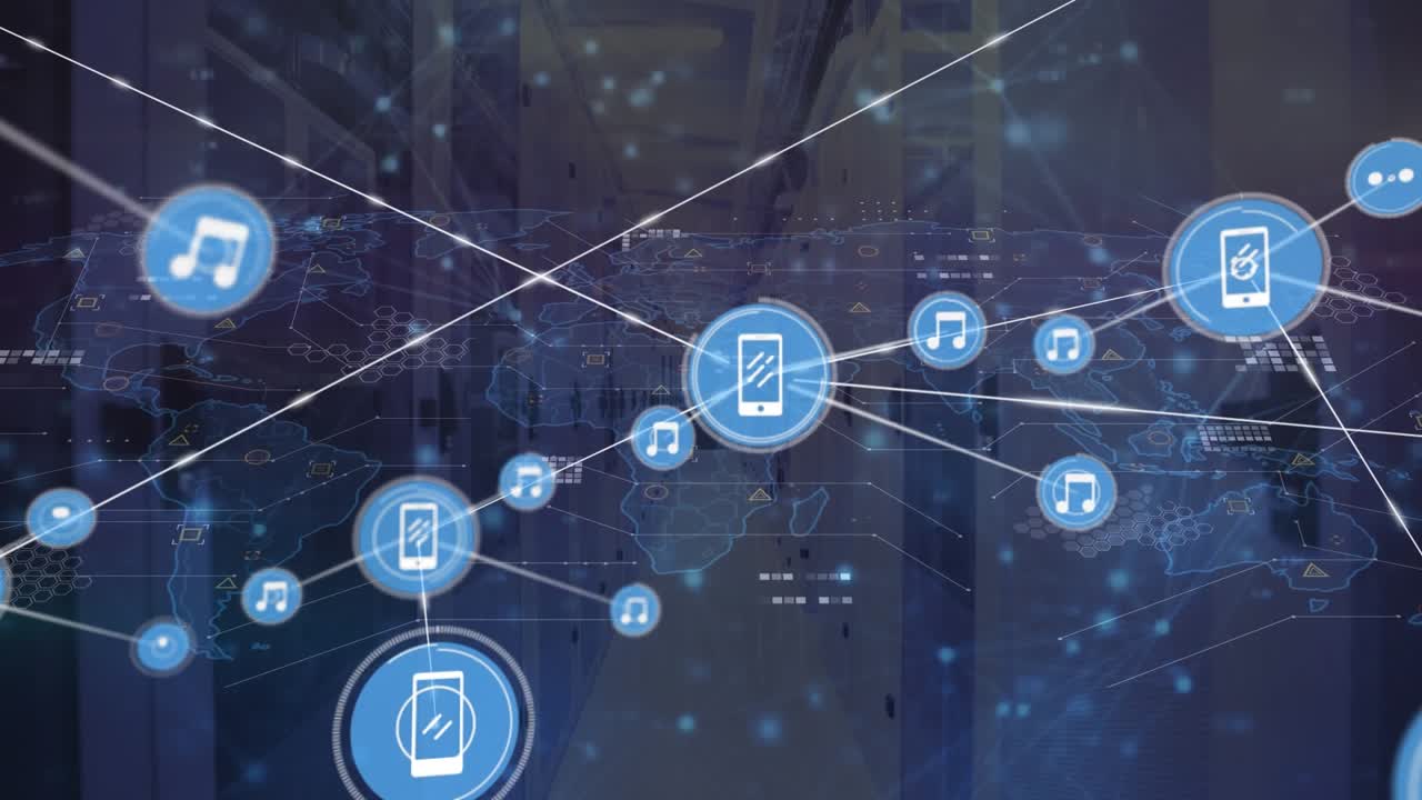 Animation of networks of connections and data processing over computer servers