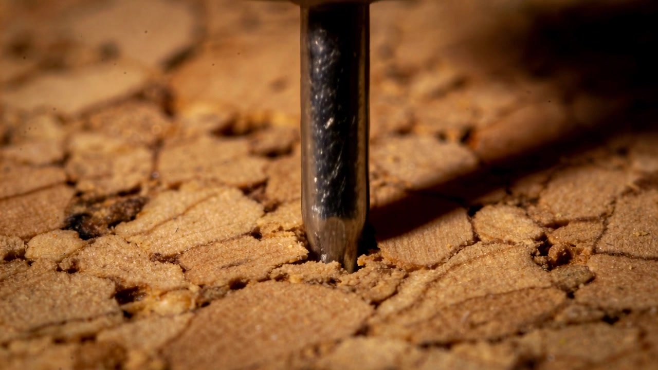 Punta di punteruolo lucida che preme e affonda in una panca di sughero, creando una leggera rientranza e rivelando un anello.