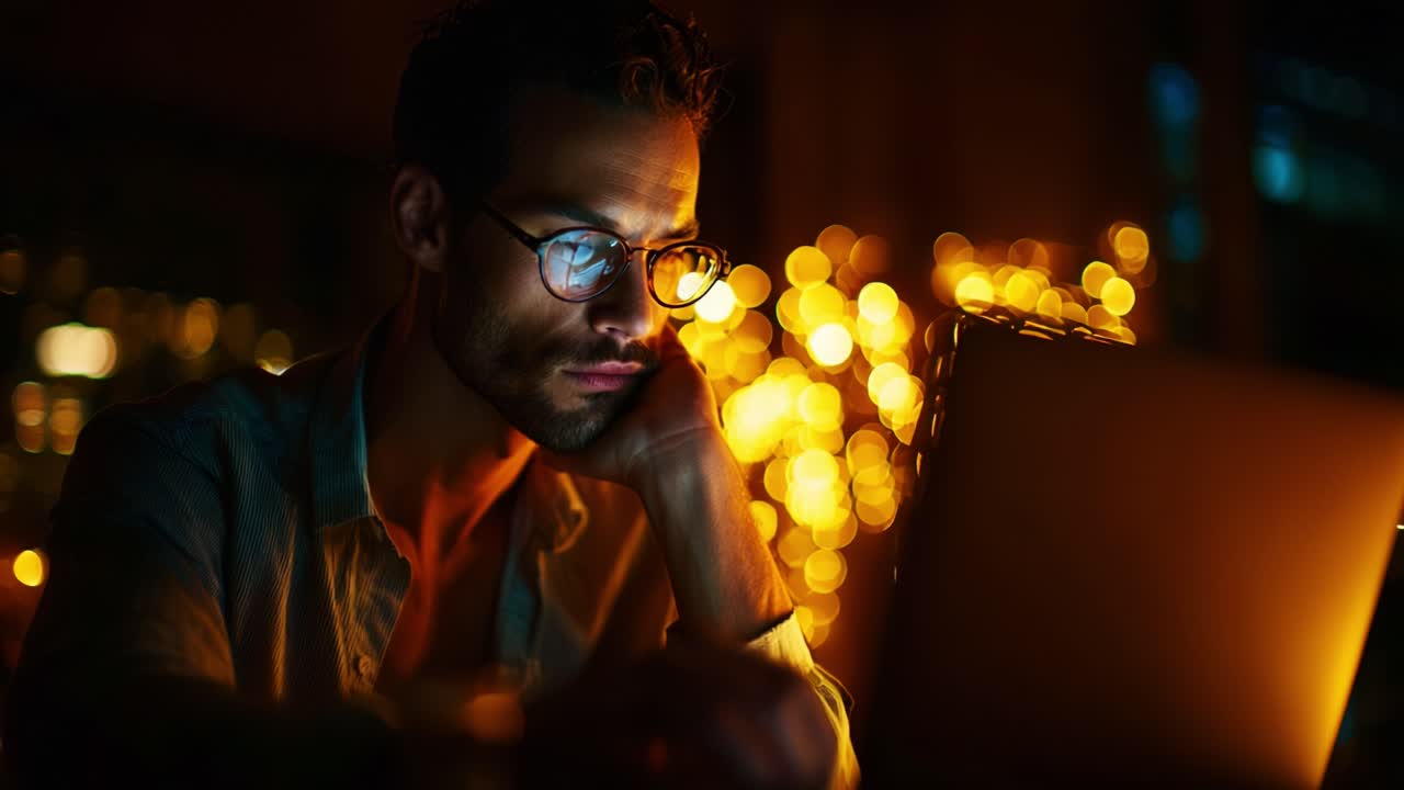 A focused individual working late at night on a laptop, illuminated by a warm glow from fairy lights, creating a serene yet intense atmosphere of creativity and concentration