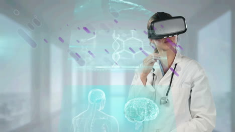 animation of screens with data processing and purple trails over female doctor wearing vr headset