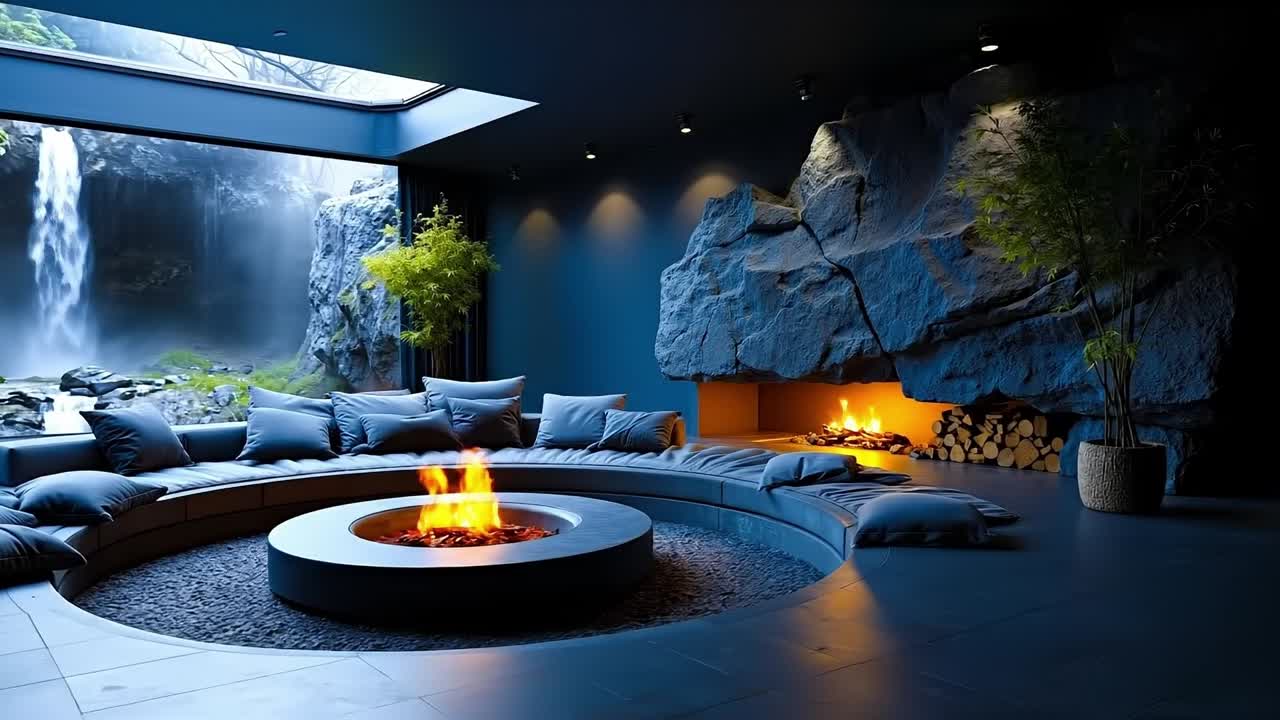 A fire pit sitting in the middle of a living room next to a waterfall
