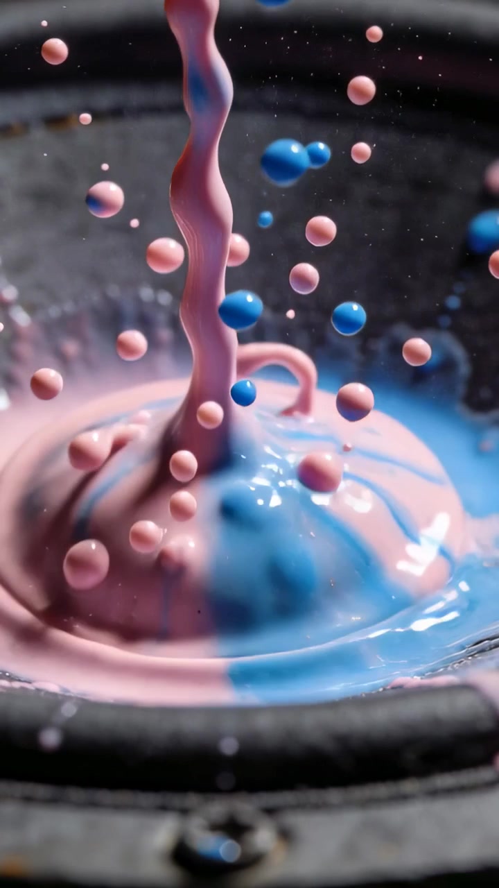 Video verticale: Liquido rosa e blu in ascesa che reagisce al suono in ripresa macro in studio, mostrando un cono