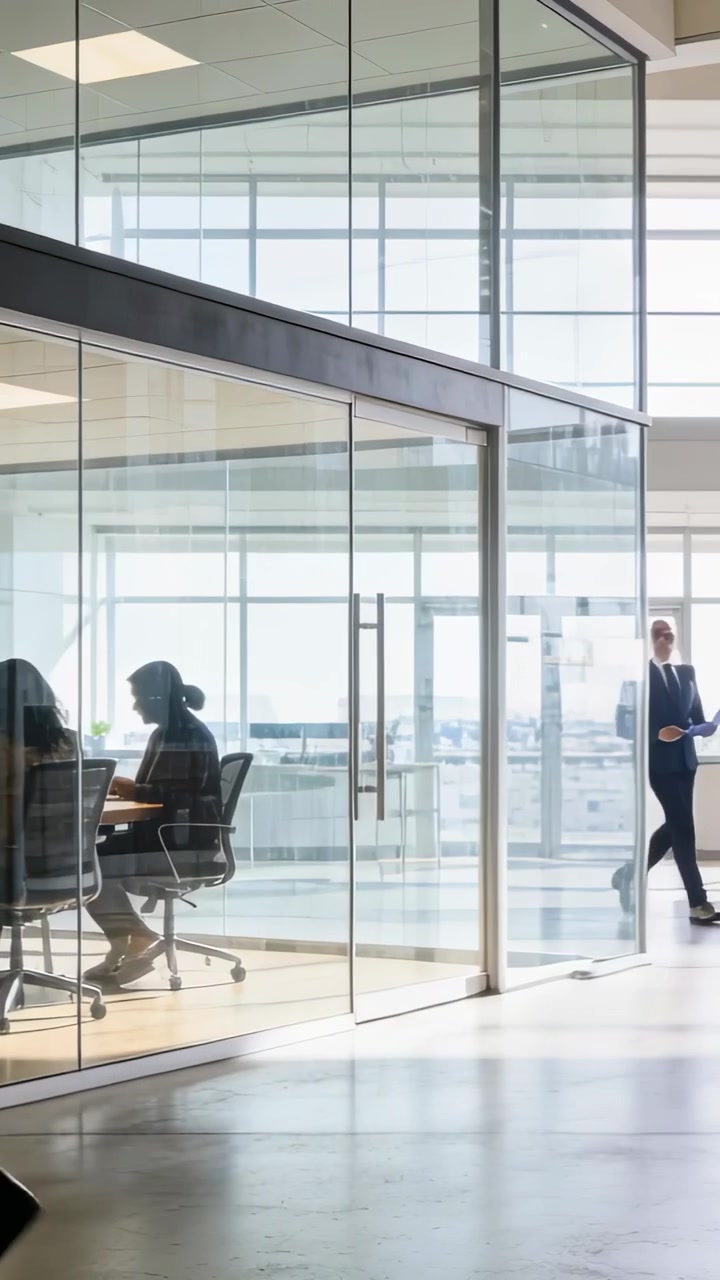 Vertical video: Traffic starting, staff walking past glass room in suits with laptops for meeting