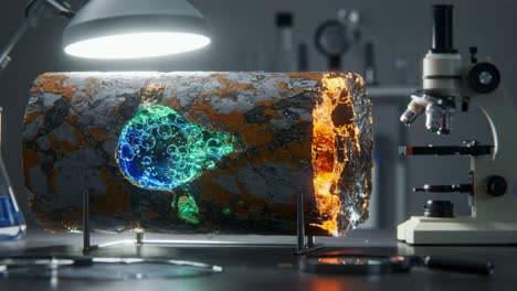 illuminated rock sample under microscope with bubbles and colorful effects, showcasing scientific exploration and innovative research in laboratory environment