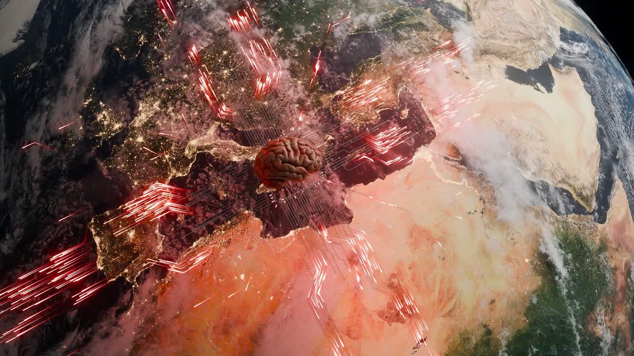 Planet Earth showing Europe and North Africa from space with human brain and red digital network lines. Artificial intelligence and global technology development concept for poster and wallpaper