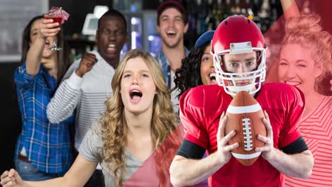 Animation-Eines-Männlichen-American-Football-Spielers-über-Glückliche,-Vielfältige-Sportfans,-Die-Sich-Das-Spiel-An-Der-Bar-Ansehen