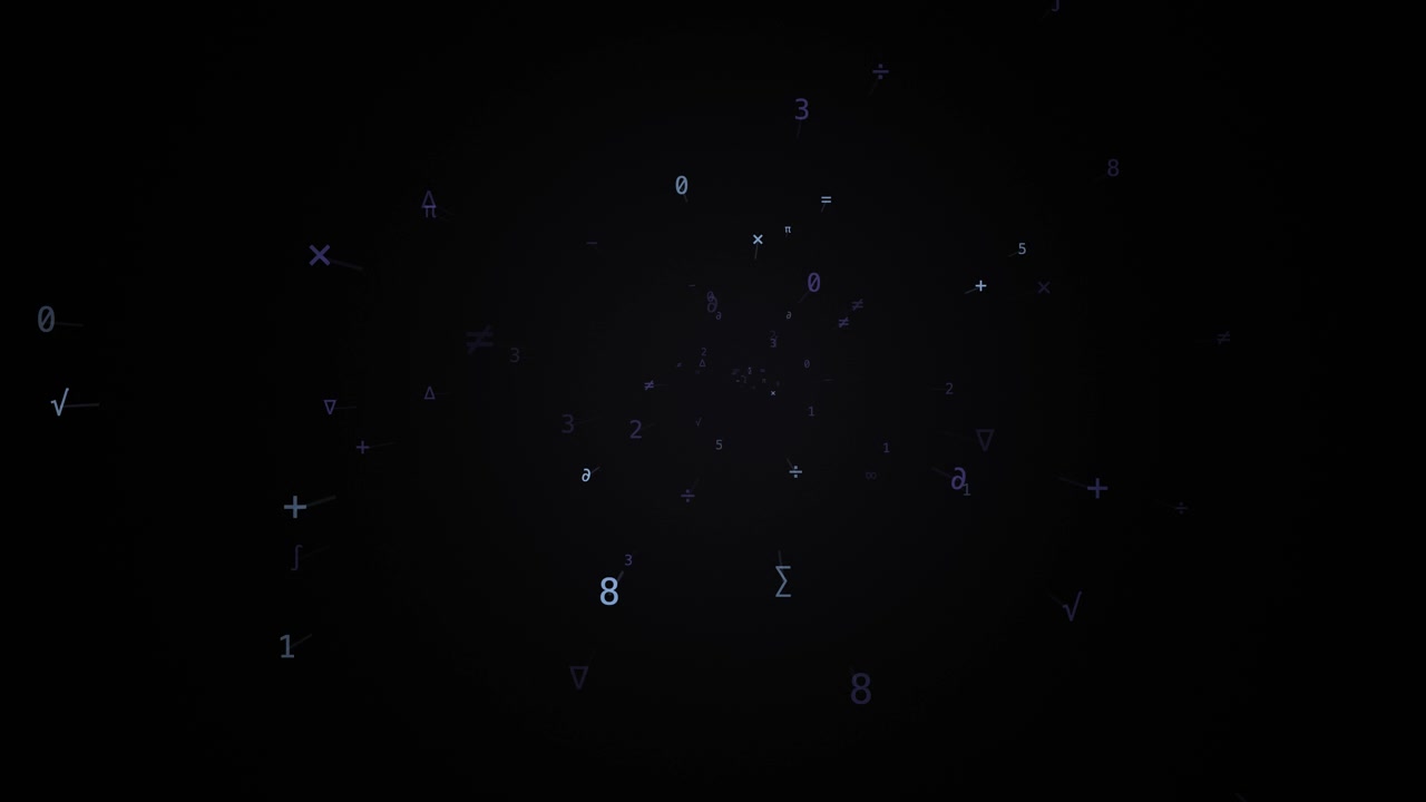 Mathematical symbols and numbers float through a dark digital space with subtle center lighting