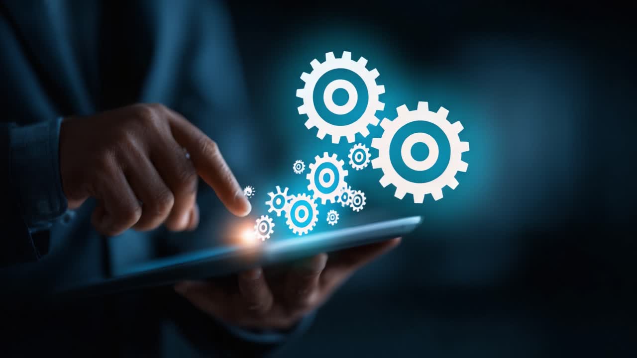 Exploring Digital Innovation: A Focus on Automation and Technology Interaction Through a Touchscreen Device Highlighting Gears and Progress