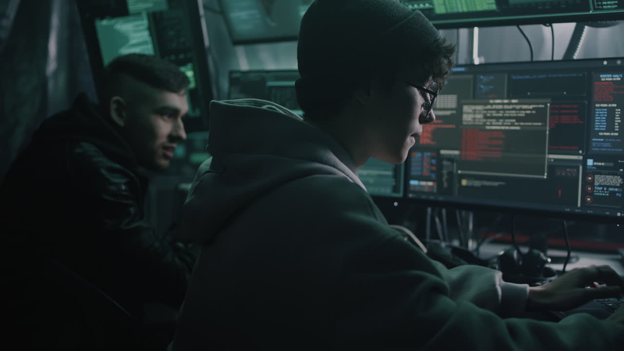 hackers en una habitación oscura trabajando en pantallas de computadora