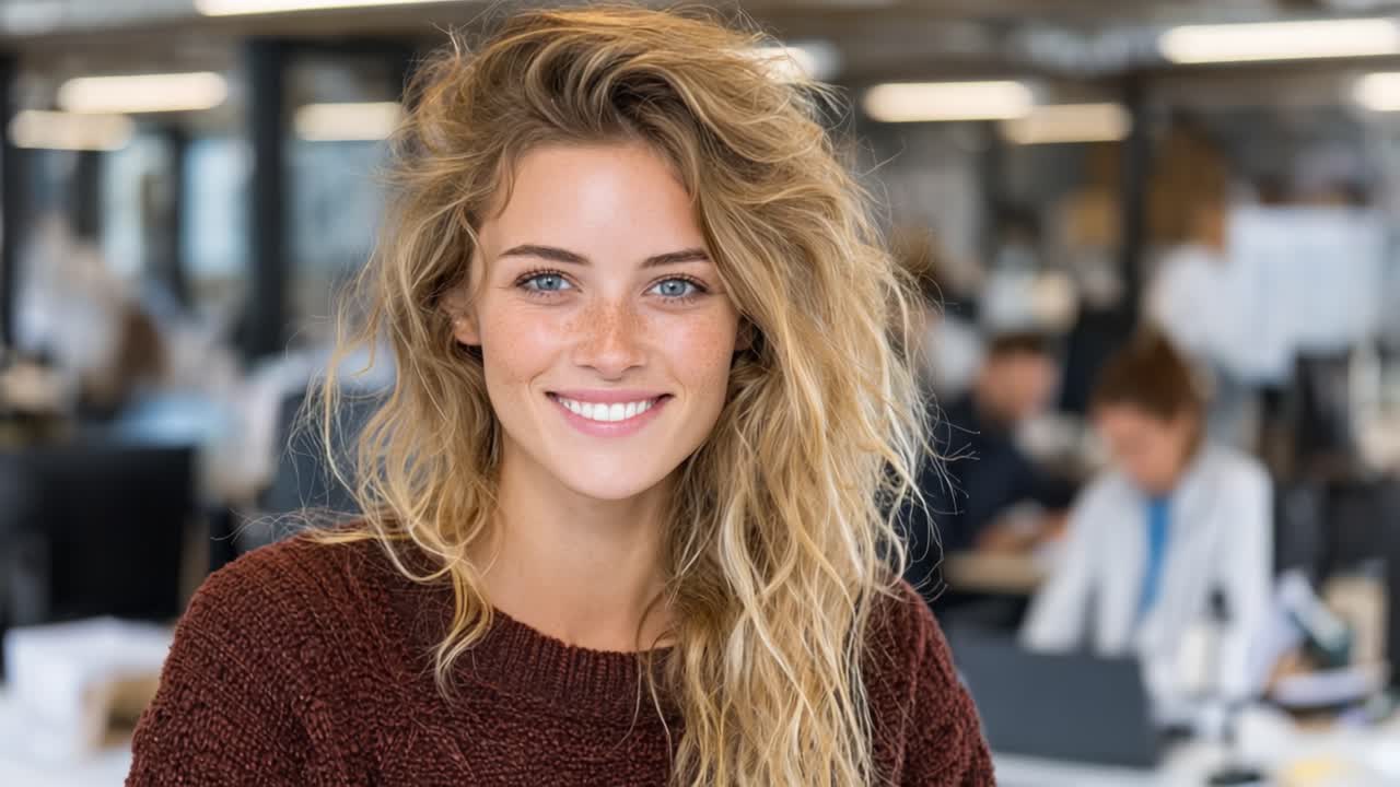 Donna radiosa con capelli ricci che sorride in un moderno ambiente d'ufficio, enfatizzando positività e professionalità in uno spazio di lavoro collaborativo
