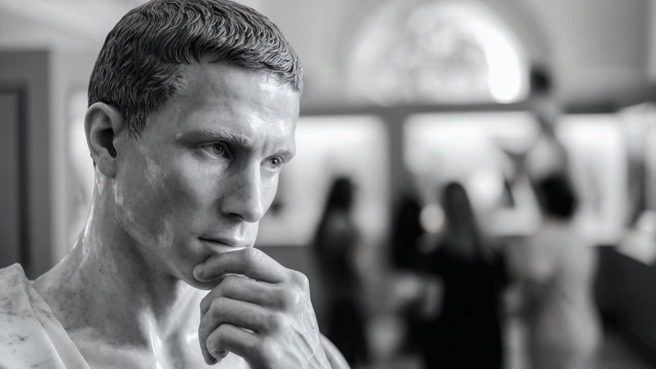 Una statua di marmo pensierosa che medita sulla vita, catturando l'essenza dell'arte riflessiva in un'ambientazione da galleria con visitatori immersi in profonda contemplazione