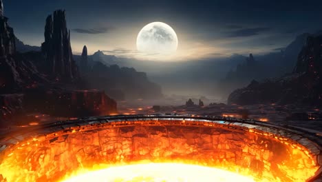 a large crater in the middle of a desert with a full moon in the background