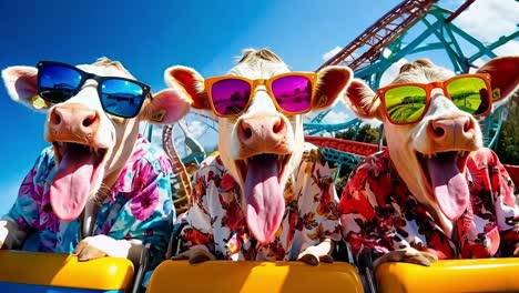 un grupo de tres vacas con gafas de sol en una montaña rusa