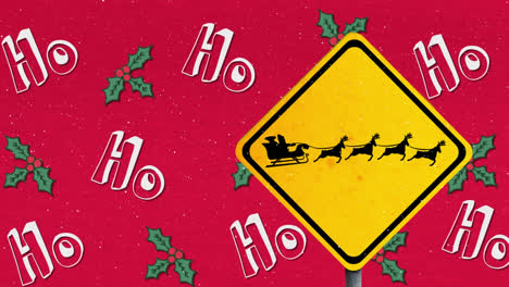 animation of road sign with santa claus in sleigh with reindeer over snow falling and ho ho ho text