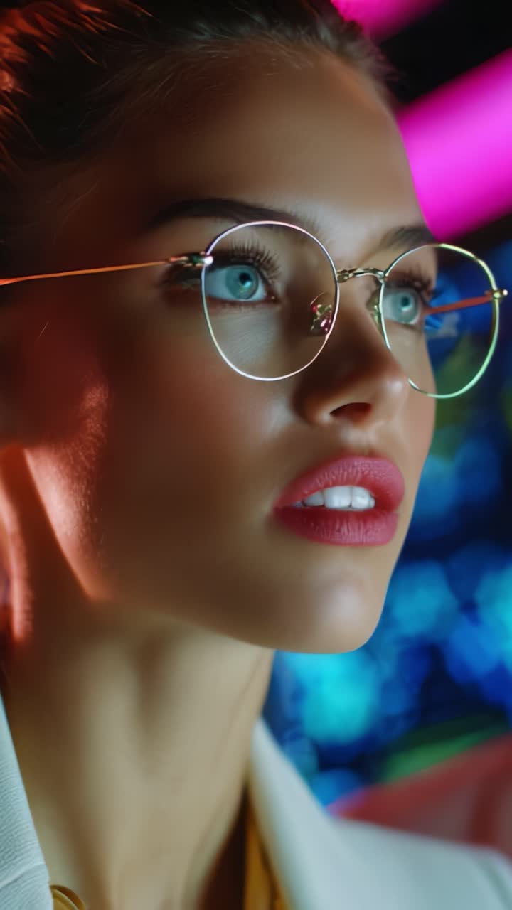 Boeiend close-up van een jonge vrouw met prachtige blauwe ogen en elegante bril te midden van een kleurrijke achtergrond van zachte lichten en levendige kleuren