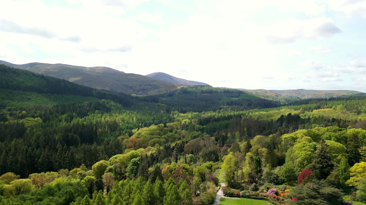 Wide, reversing aerial of the Mourne Mountains and forest park in Newcastle, County Down in Northern Ireland, UK. Filmed in 4K, 60fps and with Rec709 Color.