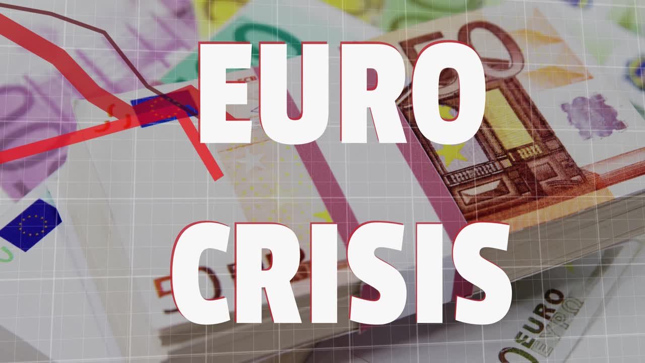 texto de la crisis del euro y gráficos rojos que se mueven frente a los billetes en euros