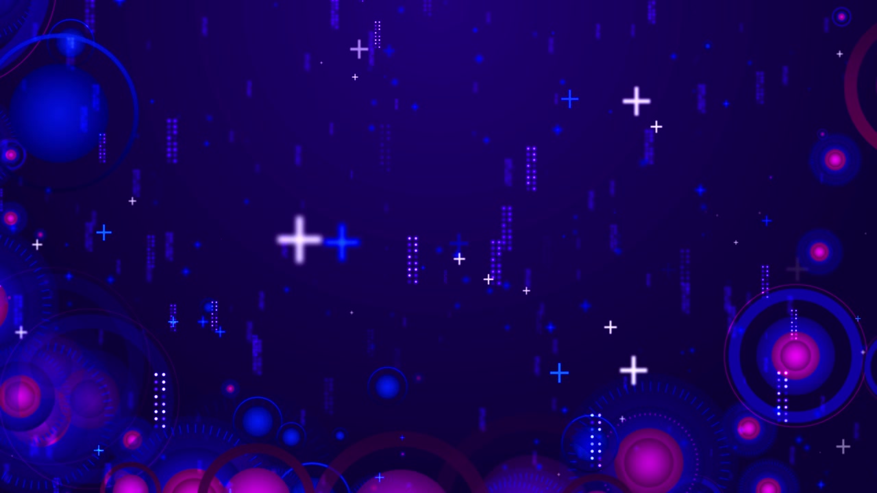 Visual de fiesta digital en tonos azul magenta con un suave resplandor púrpura, anillos flotantes, acentos punteados y elementos abstractos.