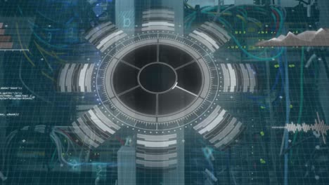 animación de la interfaz con procesamiento de datos y escáner redondo sobre un servidor de computadora en primer plano