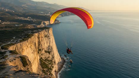 aparagliding adventure over cliffs and ocean at sunset, capturing the thrill of freefalling through breathtaking landscapes and serene horizons