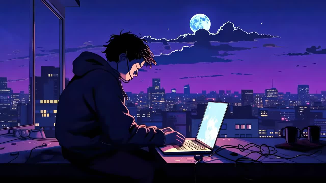 A person using a laptop in a dimly lit room with a cityscape view at night