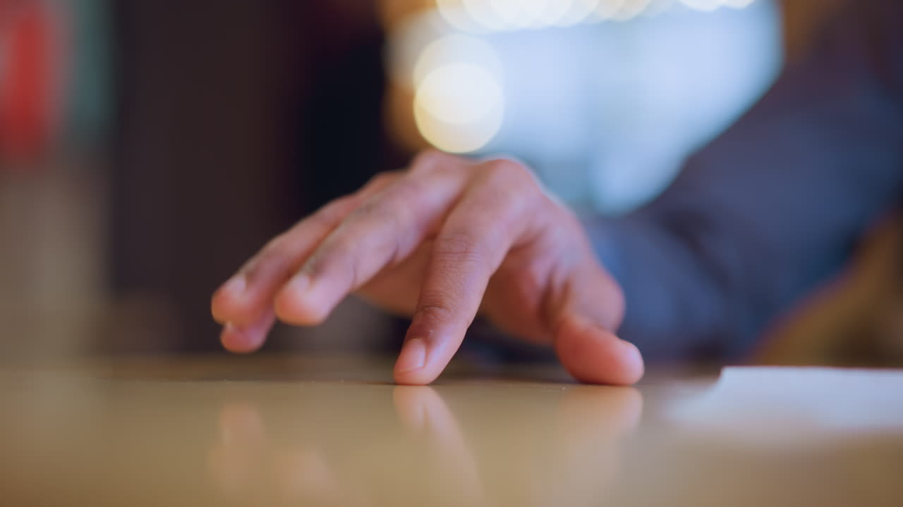 Close-up of young man's hand softly resting on tabletop in gentle natural light, fingers relaxed, suggesting mood of stillness, waiting, or introspective pause in calm, ambient indoor setting near window
