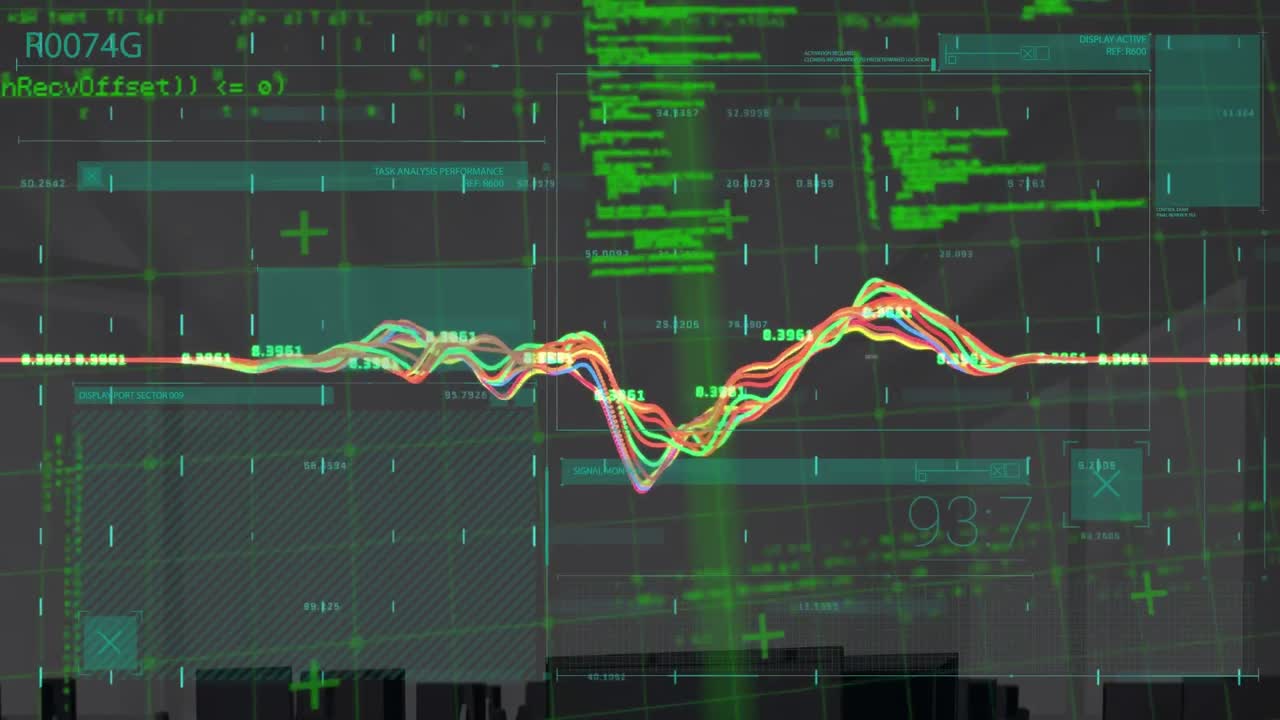 Animation of financial data processing over cityscape