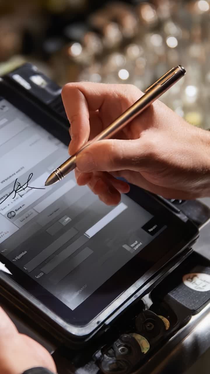 A close-up view of a hand using a stylus to sign digitally on a tablet device, capturing the essence of modern technology in everyday tasks and transactions