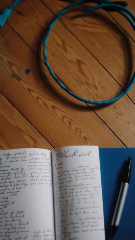 handwritten journal and pen on wooden table